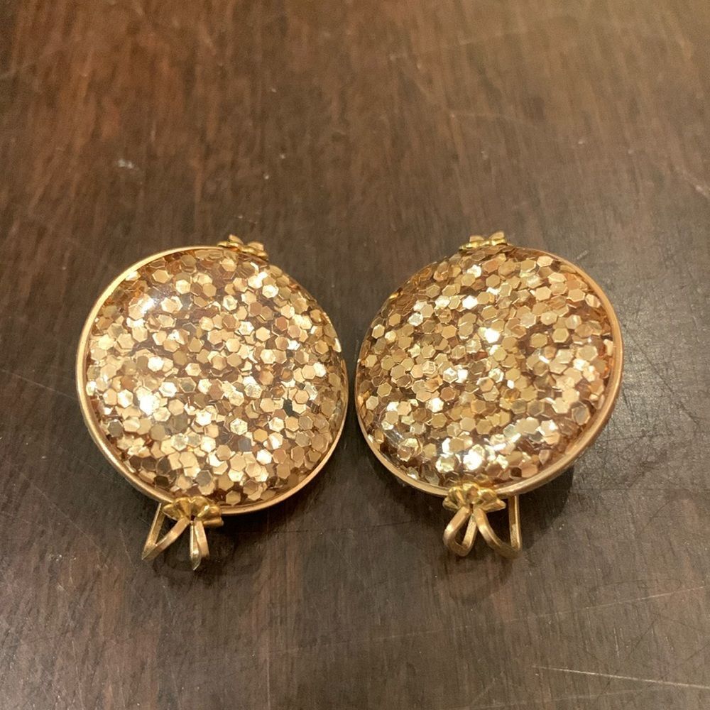 Vintage Lucite glitter, gold clip earrings